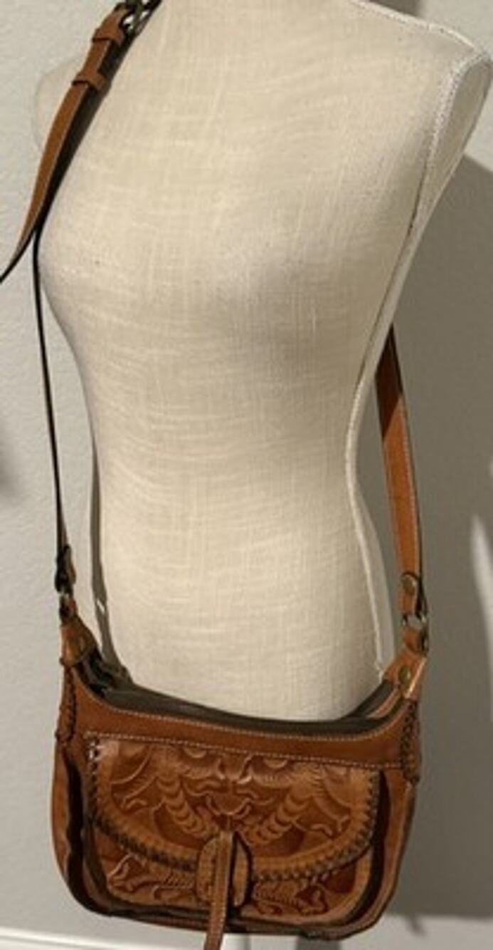 Patricia Nash Camille Cognac Tooled Leather Hobo Crossbody Whipstitch Western